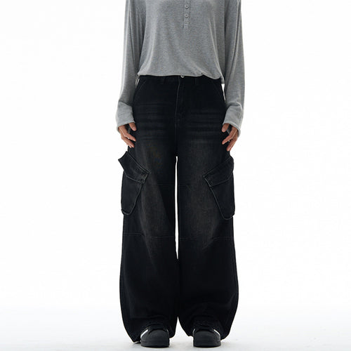 Damen Hochtaillierte Utility-Denim-Palazzohose mit Kniepaneelen und großen Klappentaschen Echo Archiv