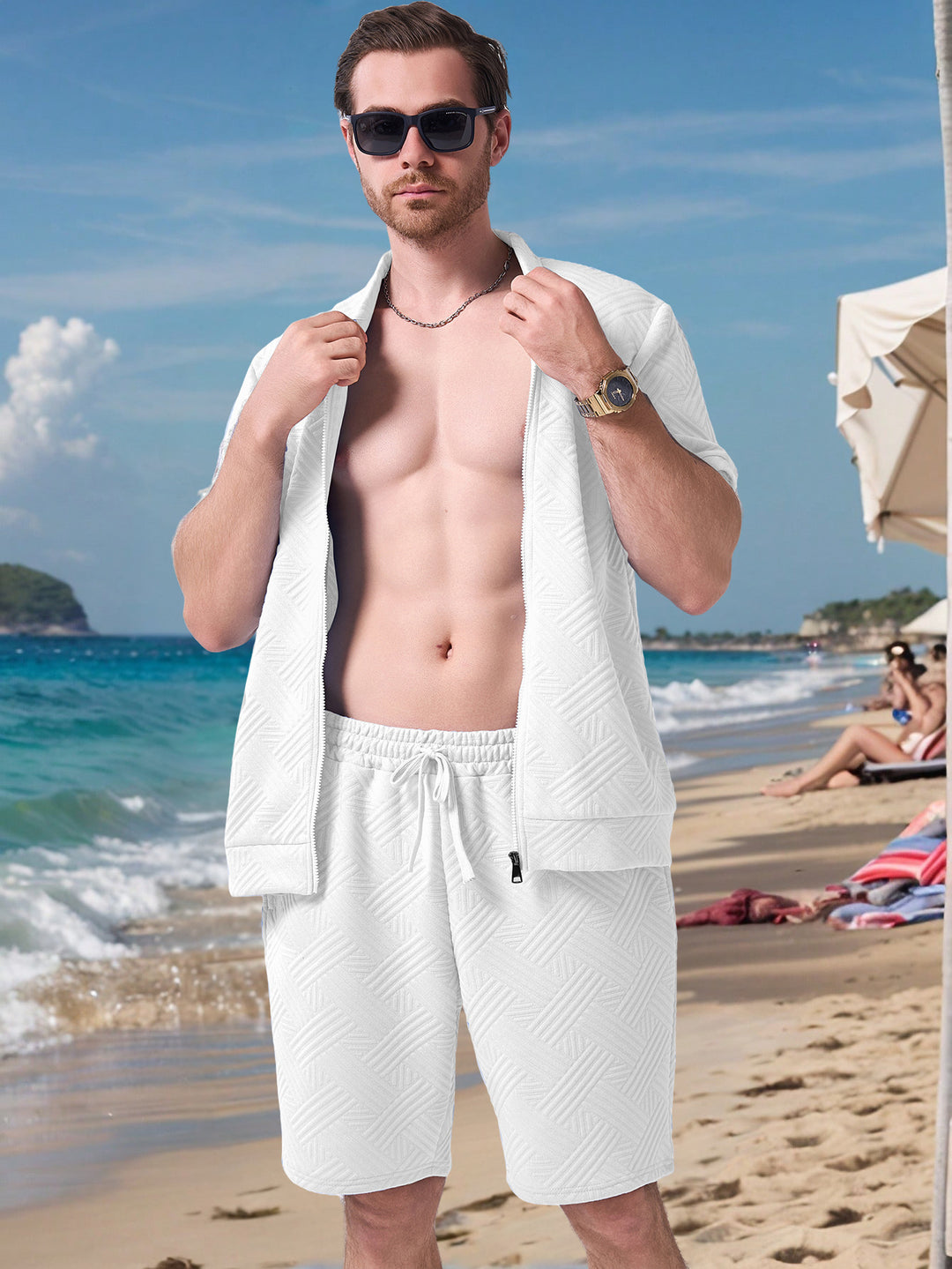 Herren lässiges Strandoutfit mit kurzärmligem Hemd und bequemen Shorts Echoarchiv