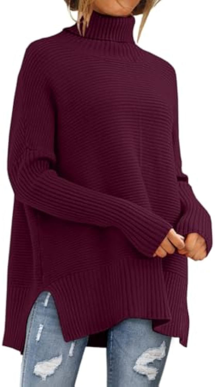 Damen Oversize-Rippenstrick Rollkragenpullover mit Seitenschlitzen und verlängertem Saum – Mavelle