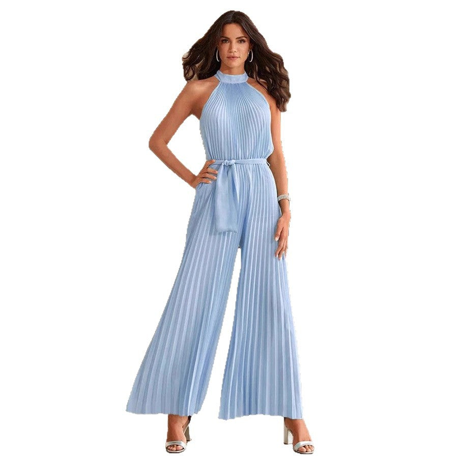 Damen Plissierter Ärmelloser Jumpsuit mit hohem Stehkragen, weitem Palazzo-Bein und Taillenschärpe – Solévia