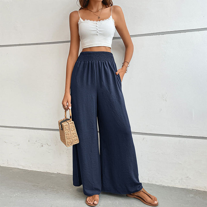 Damen Palazzo-Hose mit hohem, elastischem Rüschenbund und Eingrifftaschen – Avélisse