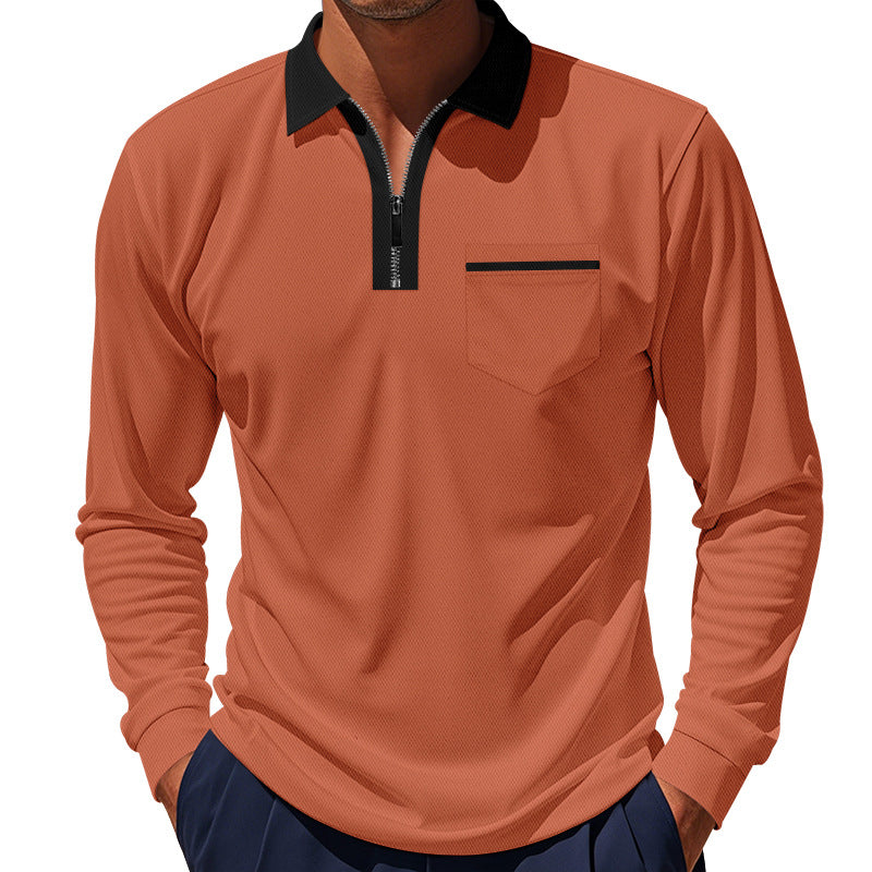 Herren nan langärmeliges Zip-Poloshirt mit Brusttasche und Kontrastkragen Echo Archiv