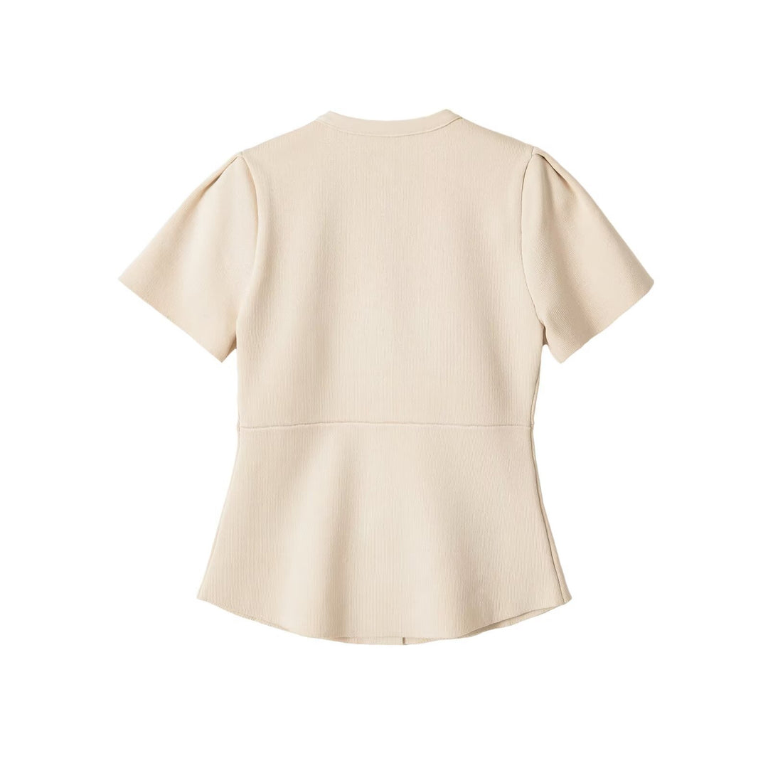 Damen Taillierte Stretch-Strickbluse mit verdeckten Stoffknöpfen und doppelten Volantärmeln Echo Archiv