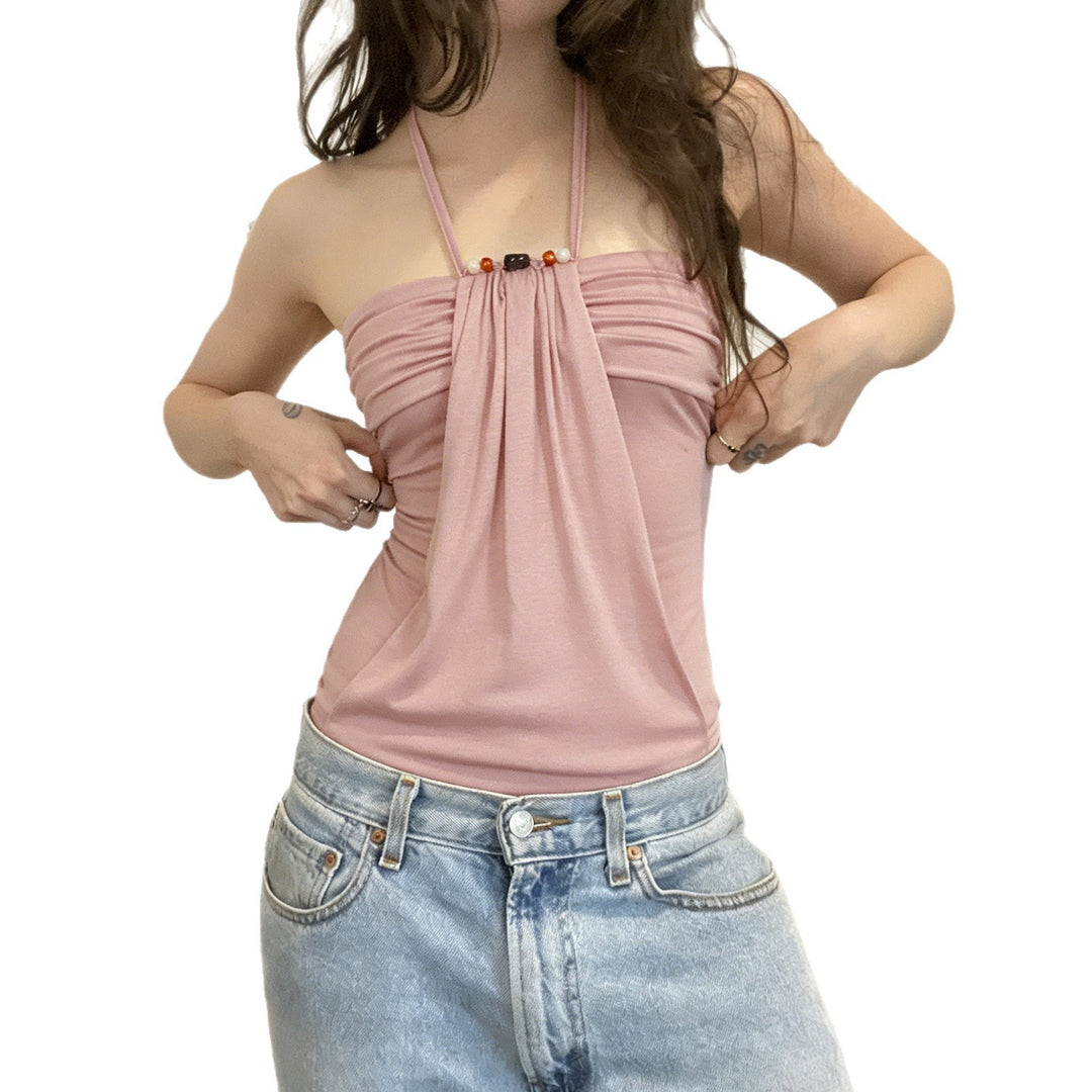 Damen Spaghetti-Trägertop mit eleganter Drapierung und dekorativen Perlen Echo Archiv