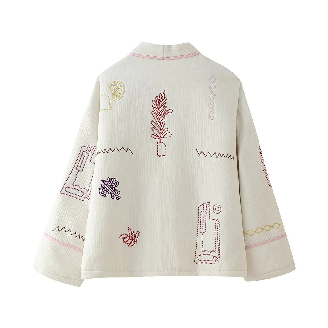 Damen gesteppte Kimono-Jacke mit dekorativer Stickerei, aufgesetzten Taschen und lässigem Oversize-Schnitt – Célinea