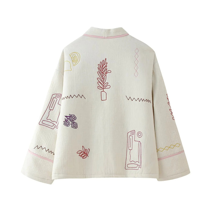 Damen gesteppte Kimono-Jacke mit dekorativer Stickerei, aufgesetzten Taschen und lässigem Oversize-Schnitt – Célinea
