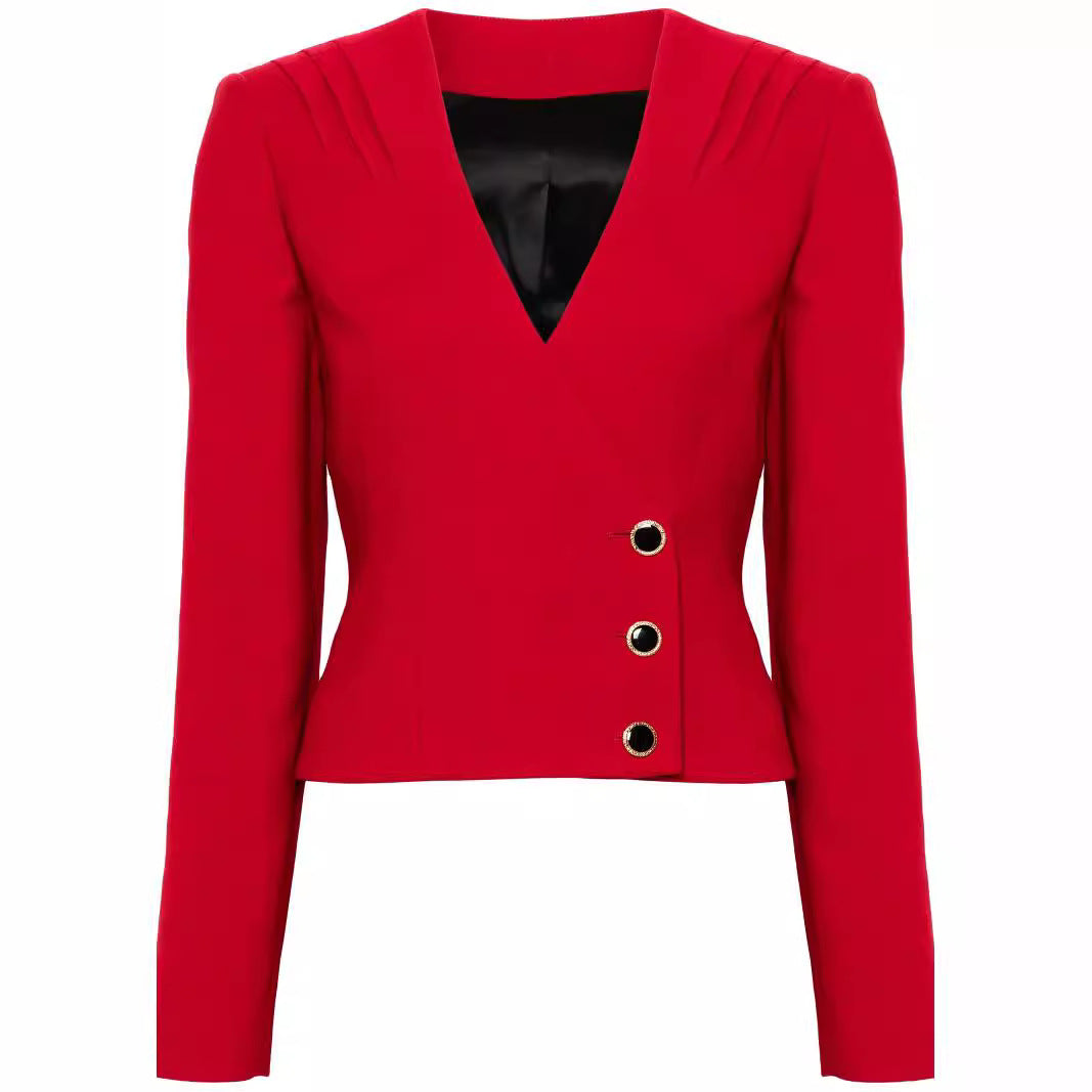 Damen Zweiteiliger Blazer-Top mit V‑Ausschnitt und Wickel-Minirock im Tailoring-Look Echoarchiv