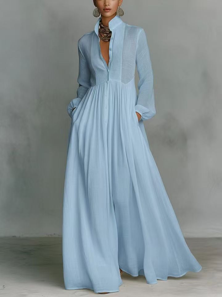Damen Maxikleid mit Stehkragen, Knopfleiste und seitlichen Taschen Echoarchiv