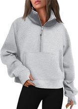 Damen nan weit geschnittenes Kurzpullover mit Stehkragen, halbem Reißverschluss und Kängurutasche Echo Archiv
