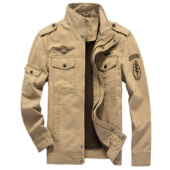 Herren Canvas-Fieldjacke im Pilotenstil mit Stehkragen, Utility-Taschen und Abzeichenapplikationen Echoarchiv