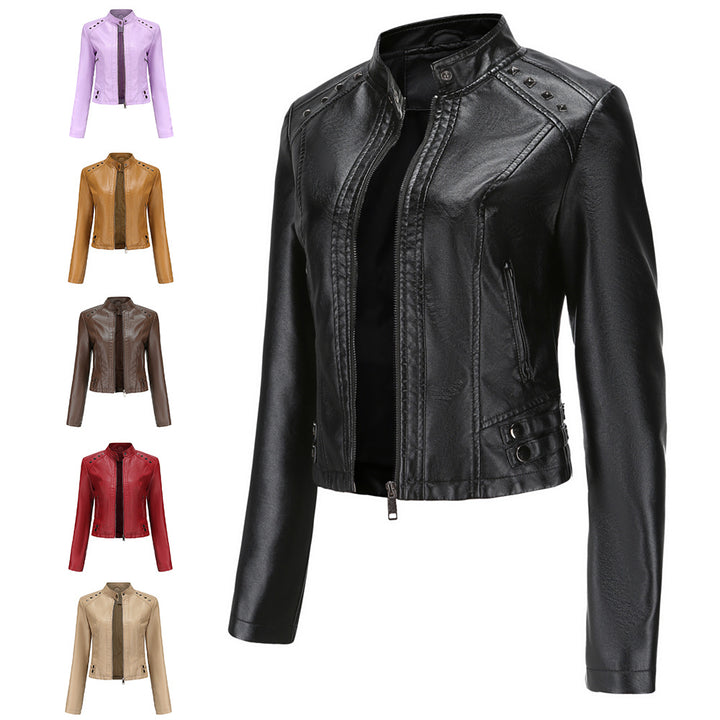 Damen nan kurze taillierte Kunstlederjacke mit Nietenbesatz und Stehkragen Echo Archiv