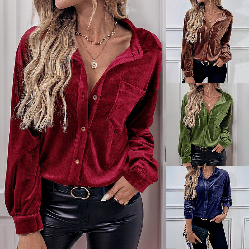 Damen Samtbluse mit Brusttasche, legerer Hemdkragen und Knopfleiste – Élovi