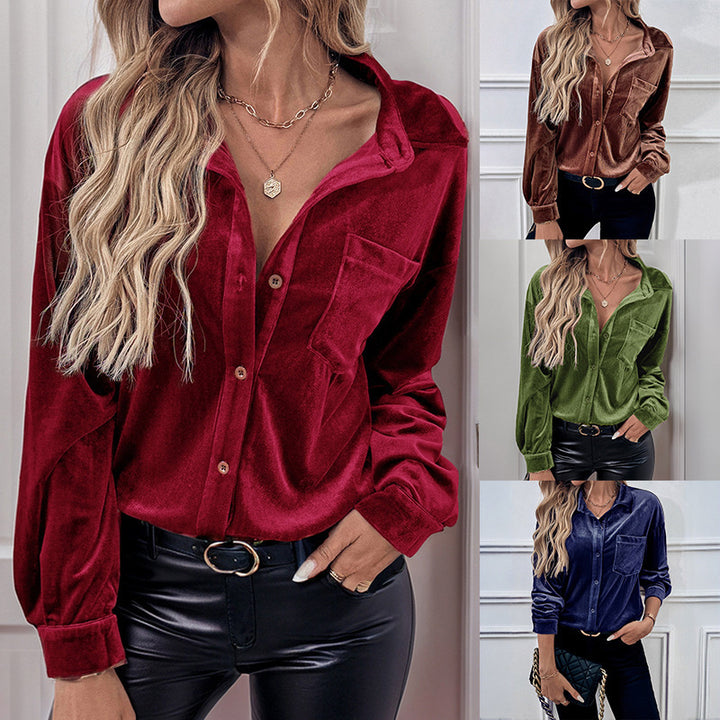 Damen Samtbluse mit Brusttasche, legerer Hemdkragen und Knopfleiste – Élovi