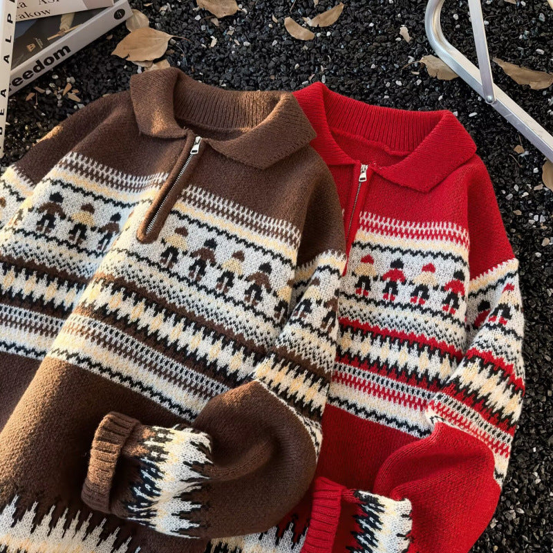 Damen Jacquard-Halbzip-Pullover mit Polokragen und Norweger‑Intarsie Echoarchiv