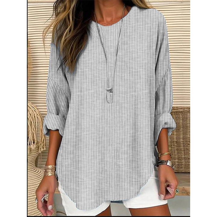 Damen Casual Leinenlook Lange Bluse mit feinen Streifen Echoarchiv