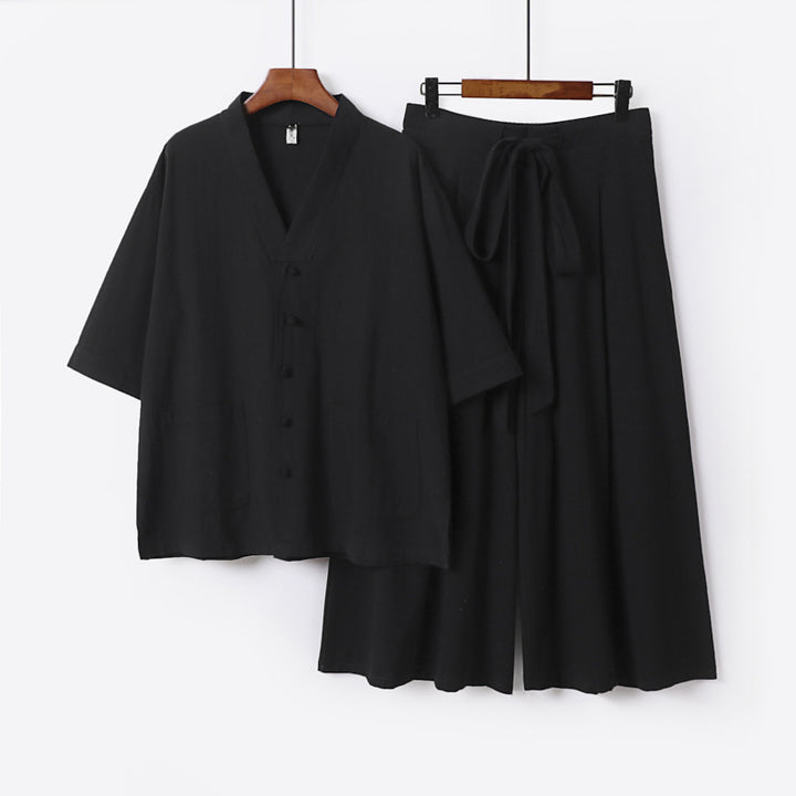 Damen Zweiteiliges Kimono-Lounge-Set mit Kurzarm-Knopfjacke, aufgesetzten Taschen und weiten Palazzo-Hosen Echoarchiv