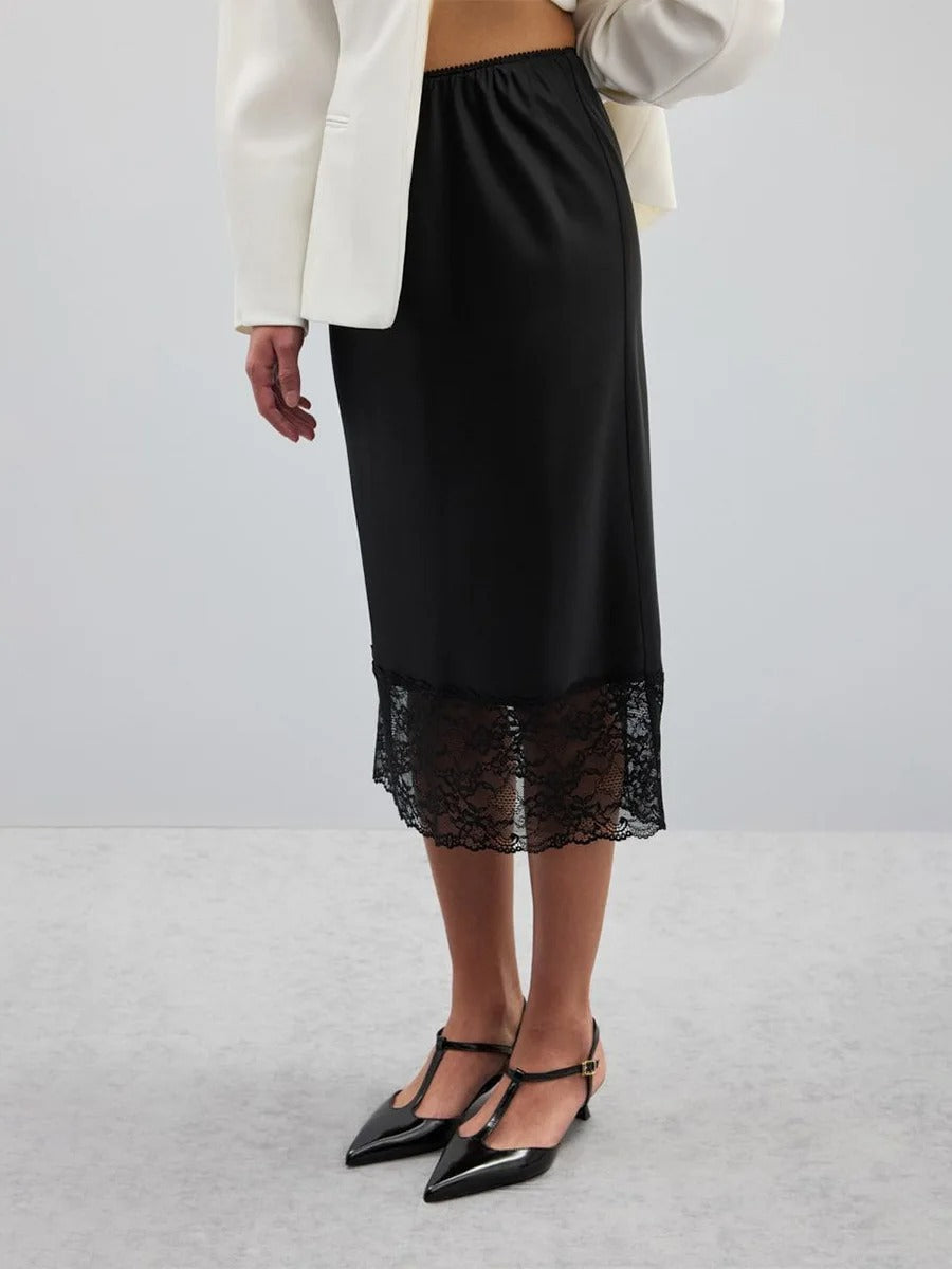 Damen eleganter Satin-Rock mit floralen Spitzenakzenten Echo Archiv