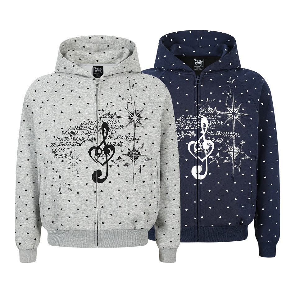 Damen Zip‑Hoodie im Herz-Allover mit Notenschlüssel‑Print und Kängurutaschen Echoarchiv
