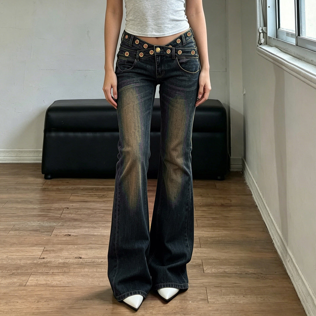 Damen High‑Waist Flared-Jeans mit doppeltem Nietenbund und Used-Effekt Echo Archiv