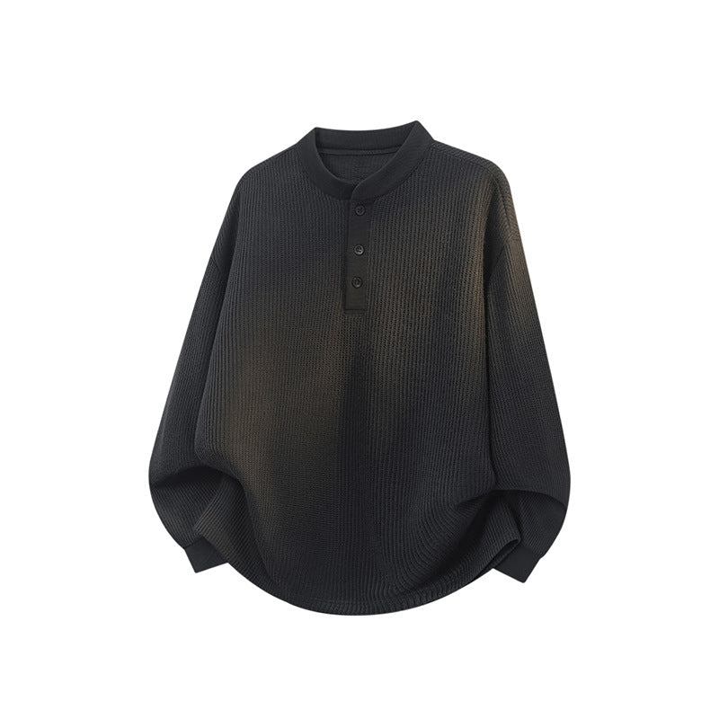 Unisex Weitgeschnittener Waffelstrick-Henleypullover mit Stehkragen Echoarchiv