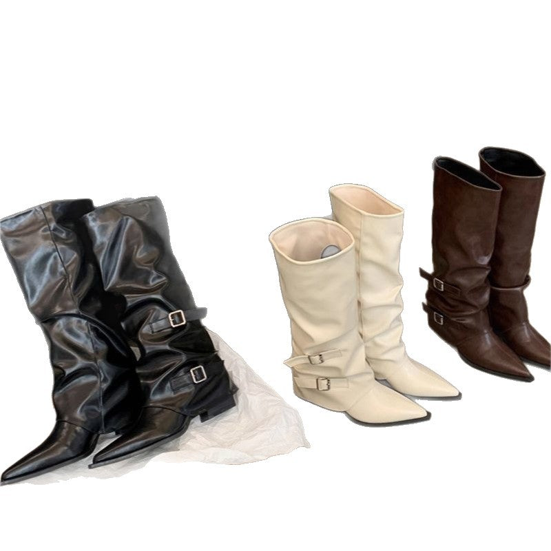 Damen Slouch-Kniehohe Stiefel mit spitzer Zehenform, dekorativen Schnallen und sculpted Blockabsatz – Lioré