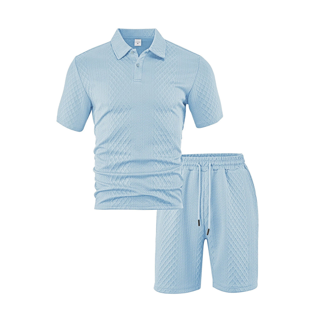 Herren nan dreidimensionales Relief-Freizeit-Set mit Polokragen, verdeckter Knopfleiste und elastischer Tunnelzugshorts Echo Archiv