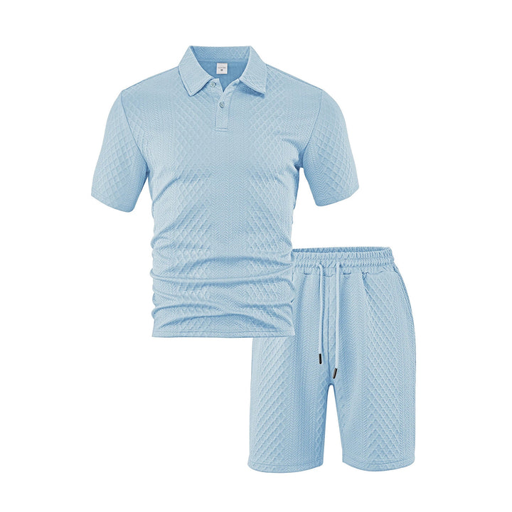 Herren nan dreidimensionales Relief-Freizeit-Set mit Polokragen, verdeckter Knopfleiste und elastischer Tunnelzugshorts Echo Archiv