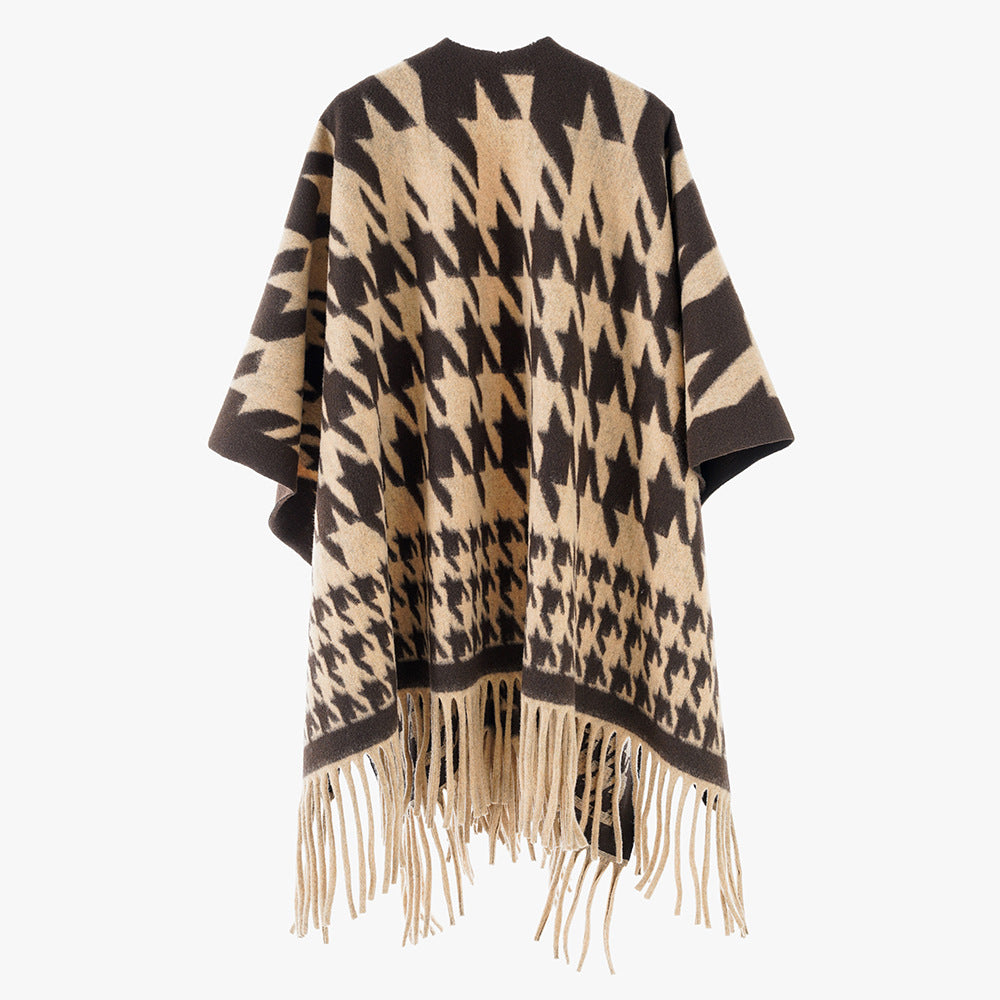 Damen Wollmix-Poncho mit Hahnentritt-Muster und Fransensaum – Célinea