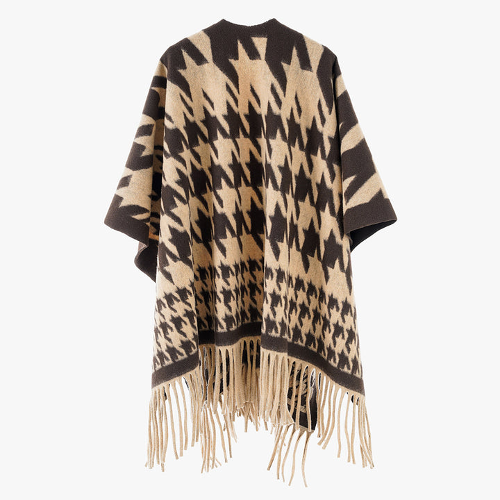 Damen Wollmix-Poncho mit Hahnentritt-Muster und Fransensaum – Célinea