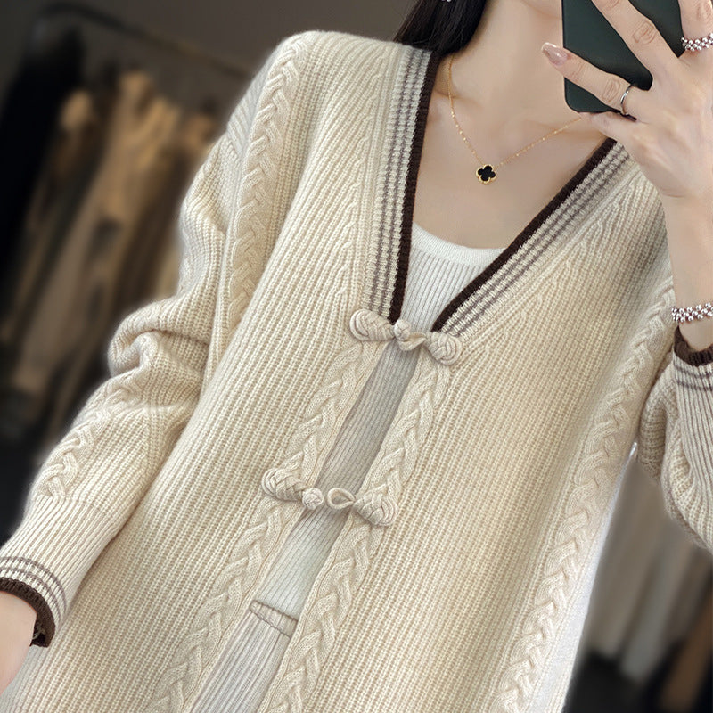 Damen Strickcardigan mit Zopfmuster und dekorativen Knotenverschlüssen Echoarchiv