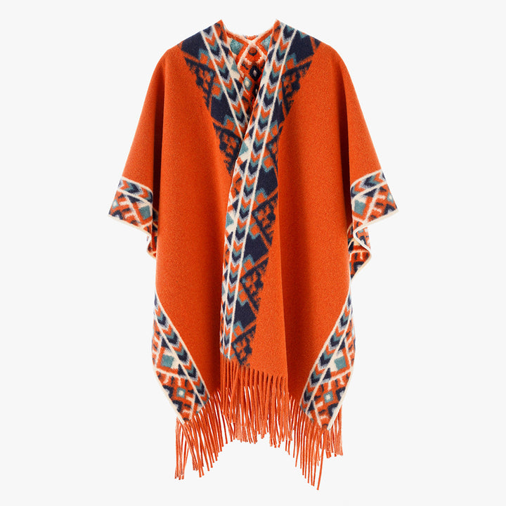 Damen Poncho‑Überwurf mit Ethno-Jacquard und Fransensaum Echo Archiv