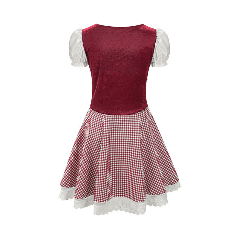 Damen nan Trachtenkleid im Vichy-Stil mit Puffärmeln, Schnürkorsett und Spitzenschürze Echo Archiv