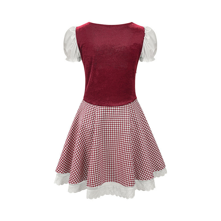 Damen nan Trachtenkleid im Vichy-Stil mit Puffärmeln, Schnürkorsett und Spitzenschürze Echo Archiv