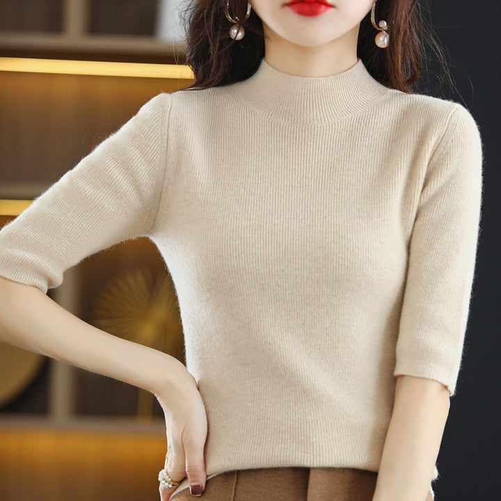 Damen Kurzarm-Feinstrickpullover mit Stehkragen und taillierter Passform Echoarchiv