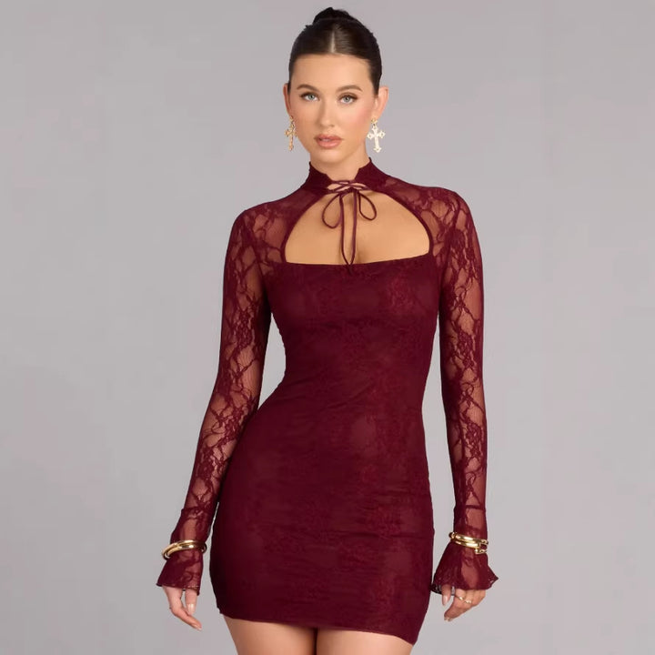 Damen Spitzen Minikleid mit hohem Kragen und schmalen Ärmeln Echo Archiv