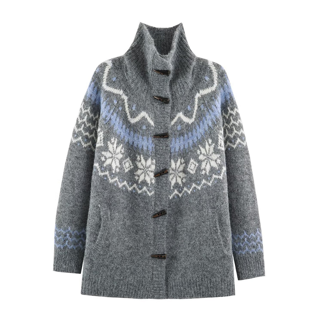 Damen Norweger-Strickjacke mit Stehkragen und Holzknopfverschlüssen Echoarchiv