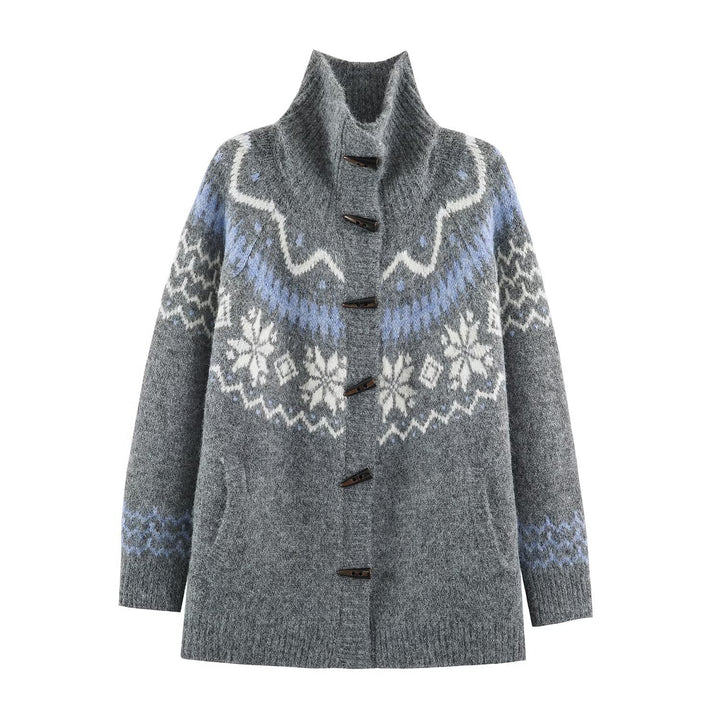 Damen Norweger-Strickjacke mit Stehkragen und Holzknopfverschlüssen Echoarchiv