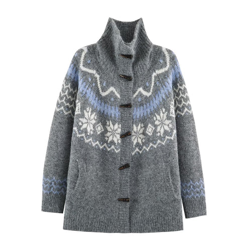 Damen Norweger-Strickjacke mit Stehkragen und Holzknopfverschlüssen Echoarchiv