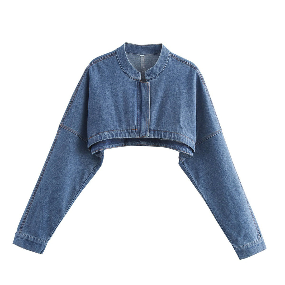 Damen cropped Jeansbolerojacke mit Stehkragen, oversize-Ärmeln und verdeckter Frontleiste – Célinea