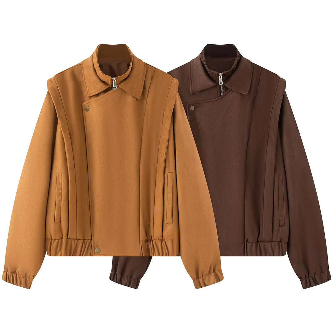 Damen asymmetrische Blousonjacke mit verdeckter Reißverschlussblende, Stehkragen und taillennahem Kordelzug – Célinea