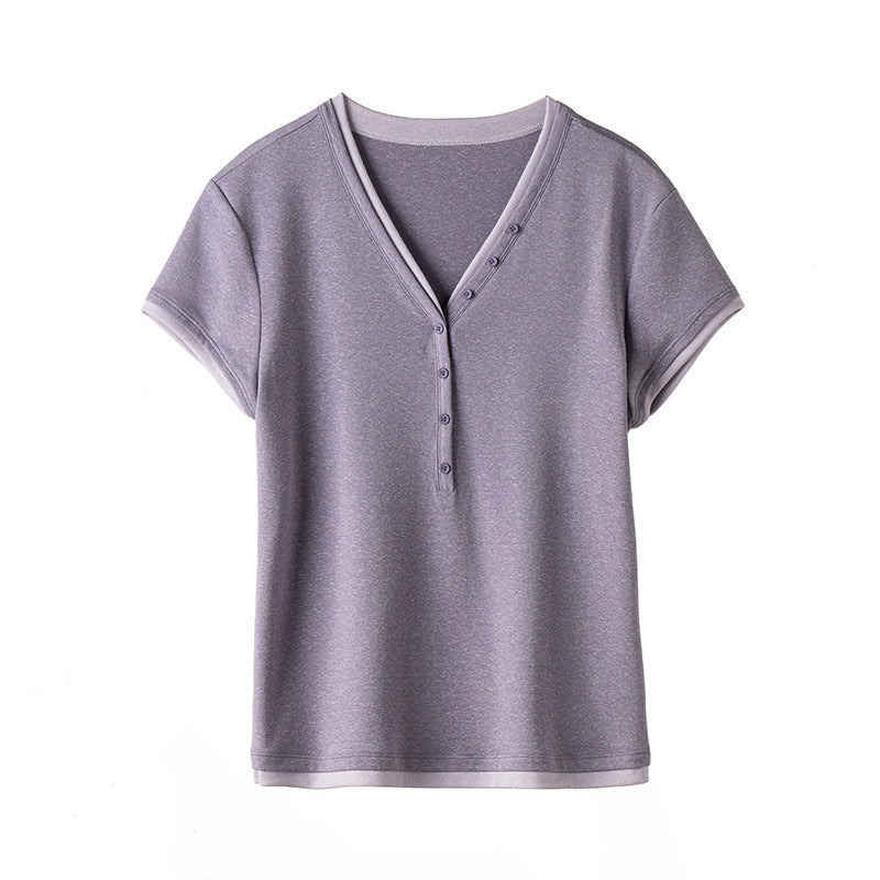 Damen Kurzärmeliges V-Ausschnitt-Henley-Shirt aus Stretch-Jersey mit feiner Knopfleiste Echo Archiv