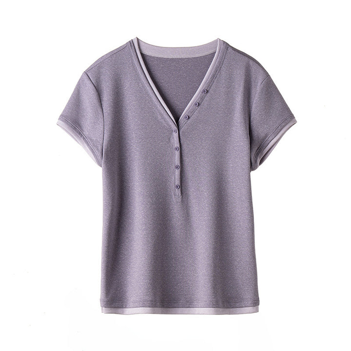 Damen Kurzärmeliges V-Ausschnitt-Henley-Shirt aus Stretch-Jersey mit feiner Knopfleiste Echo Archiv