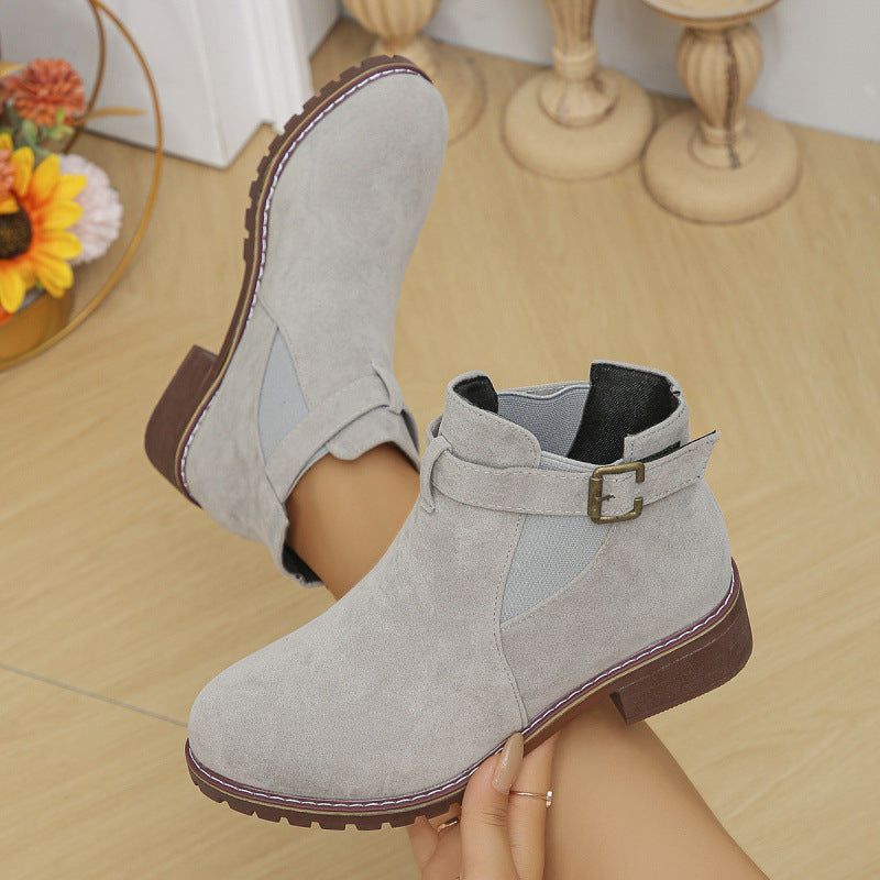Damen kurze Ankle-Boots im Vintage-Velours-Look mit Schnallenriemen und profilierter Gummisohle Echo Archiv