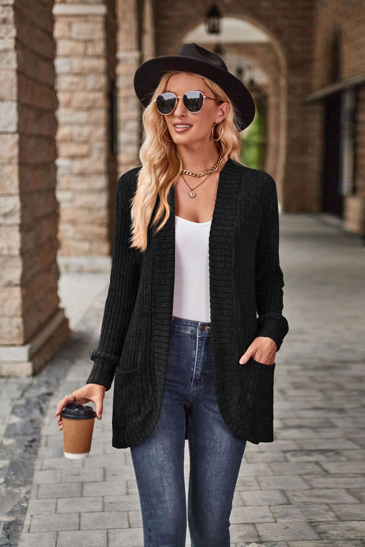 Damen nan langer gerippter Cardigan mit aufgesetzten Taschen und offener Front Echo Archiv