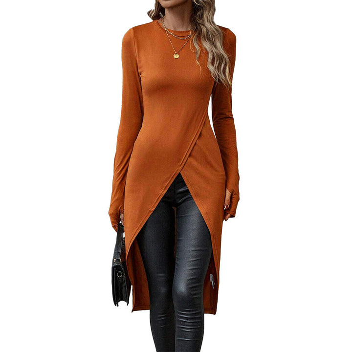 Damen asymmetrisches Longshirt mit überlappendem Frontschlitz und taillierter Silhouette – Avérine