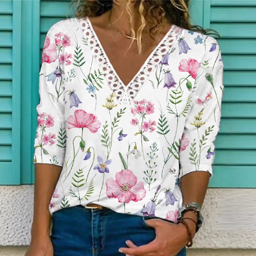 Damenbluse mit V-Ausschnitt und Spitzenbesatz, 3/4-Ärmel, Blumenmuster und lockerer Schnitt Echoarchiv