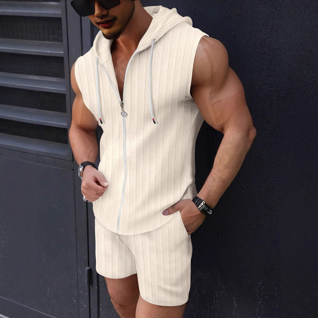 Herren ärmelloses Kapuzenshirt mit Reißverschluss und Shorts Echoarchiv