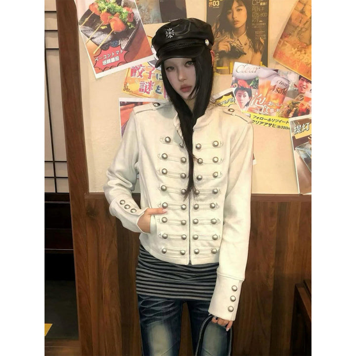 Damen Kurze Militärinspirierte Jacke mit doppelter Zierknopfleiste und Manschetten Echoarchiv