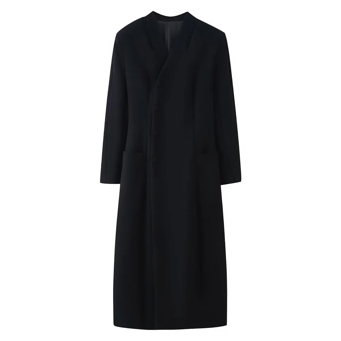 Damen minimalistischer langer Mantel mit schmalem Schalkragen und aufgesetzten Taschen – Montévia