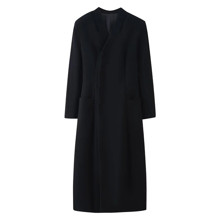 Damen minimalistischer langer Mantel mit schmalem Schalkragen und aufgesetzten Taschen – Montévia
